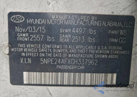 2016 Hyundai Sonata Se z USA, uszkodzony, nr VIN 5NPE24AFXGH337962